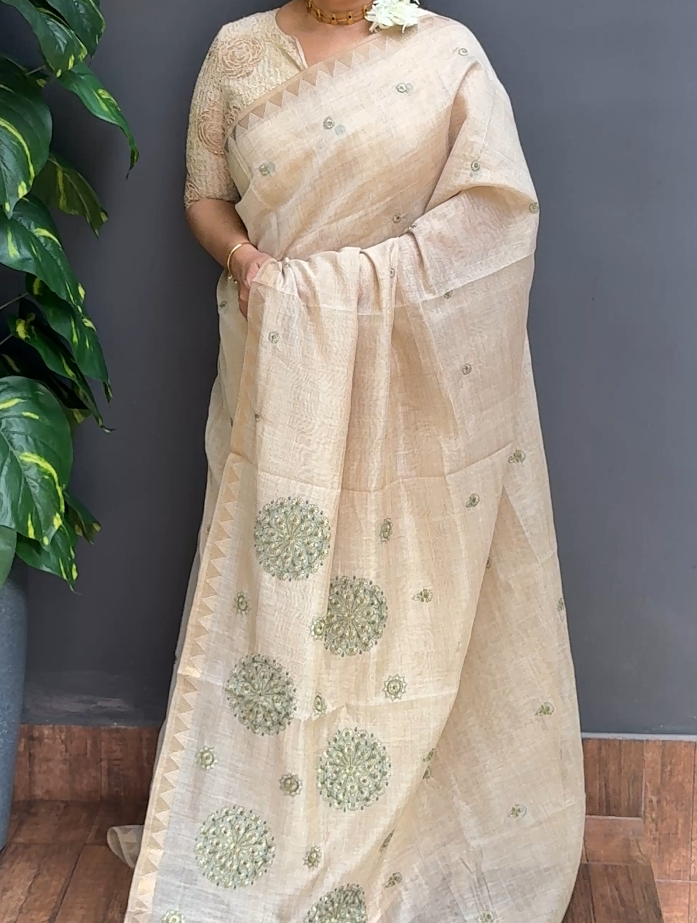 2050SR14 | Pearl Cream Soft Semi Chanderi Saree W/ Full Body Floral Embroidery Work Motifs W/ Border & Pallu
