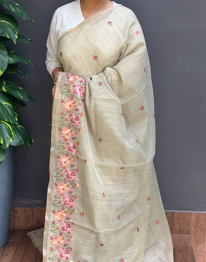 2052SR15 | Pastel Green Silky Cotta Saree W/ Full Body Embroidery Work W/ Border & Pallu