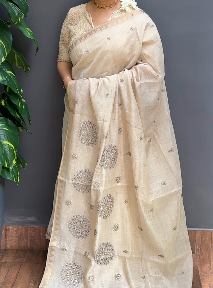 2050SR16 | Pearl Cream Soft Semi Chanderi Saree W/ Full Body Floral Embroidery Work Motifs W/ Border & Pallu