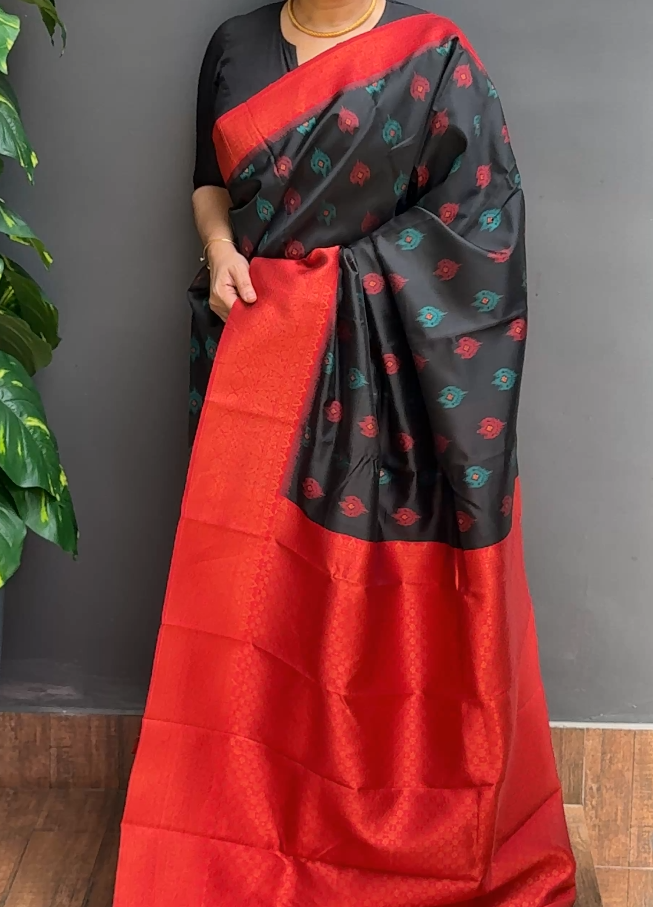 2031SR02 | Black Semi Banarasi Silk Saree W/ Full Body Multicolor Thread Woven Motifs W/ Border & Brocade Pallu