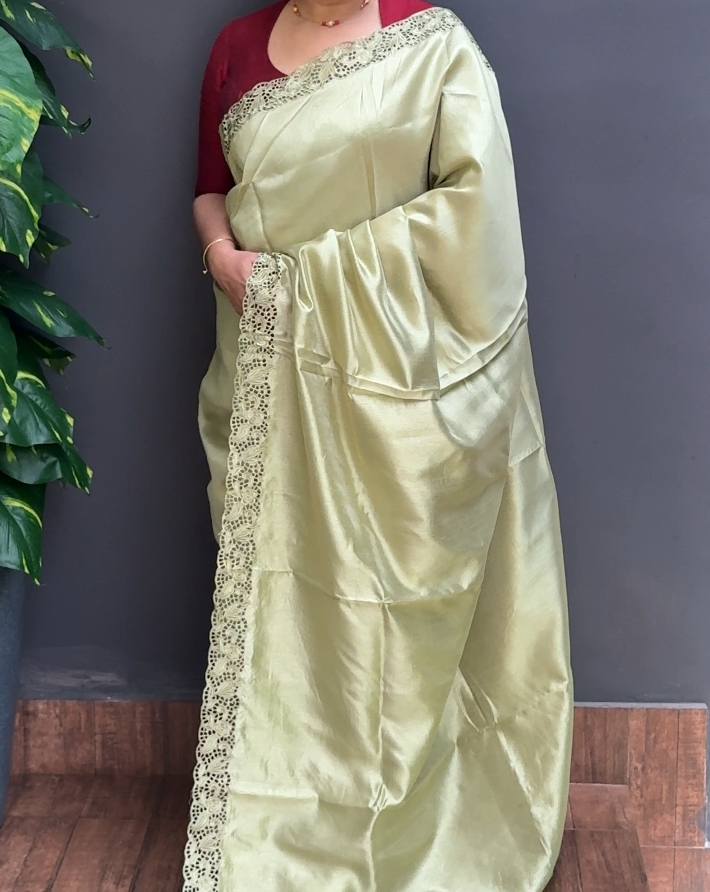 2036SR02 | Pista Green Soft Semi Silk Saree W/ Cutwork Border & Pallu