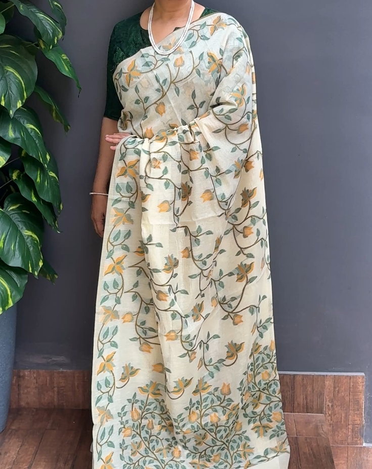 2057SR02 | Pearl Cream Chanderi Saree W/ Full Body Multicolor Jamdhani Thread Woven Design W/ Pallu