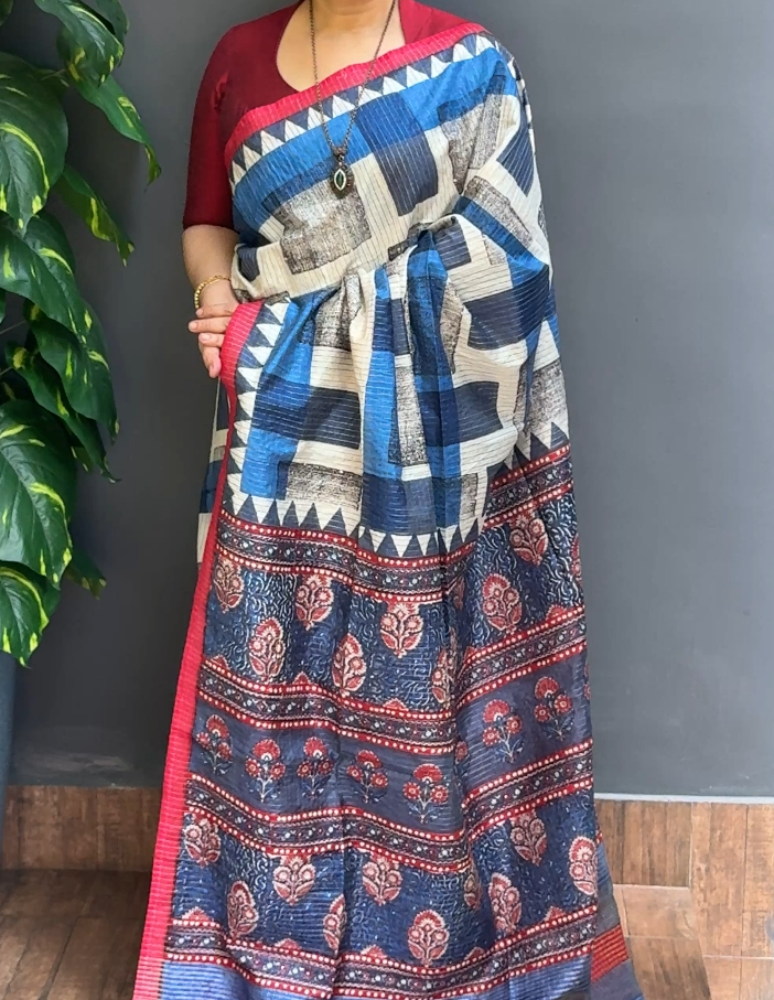 2059SR02 | Multicolor Soft Semi Tussar Saree W/ Full Body Geometrical Abstract Design W/ Border & Pallu
