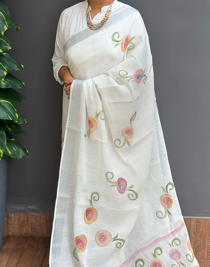 2060SR02 | Off-White Soft Semi Linen Saree W/ Full Body Floral Design-Foil Printed W/ Border & Pallu