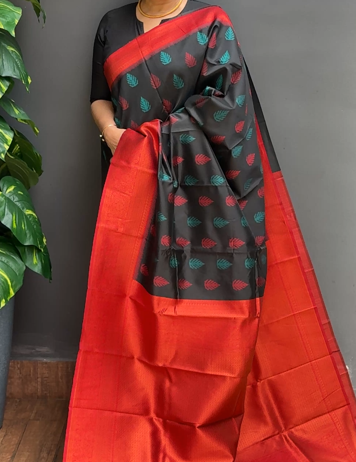 2031SR03 | Black Semi Banarasi Silk Saree W/ Full Body Multicolor Thread Woven Motifs W/ Border & Brocade Pallu