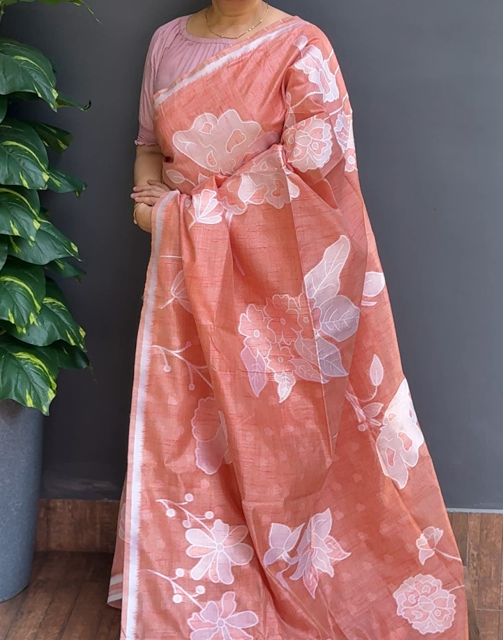 2038SR03 | Coral Peach Silk Blended Chanderi Saree W/ Full Body Jamdhani Woven Design W/ Border & Pallu