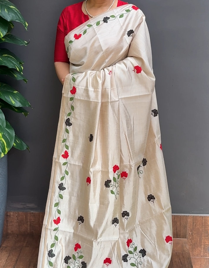 2041SR03 | Pearl Cream Semi Silk Saree W/ Full Body Floral Applique Work W/ Border & Pallu