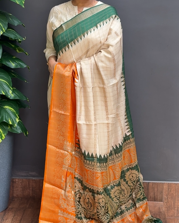 2049SR03 | Triple Color Soft Semi Dola Silk Saree W/ Full Body Horizontal Woven-Checkered Pattern W/ Temple Woven Border & Pallu