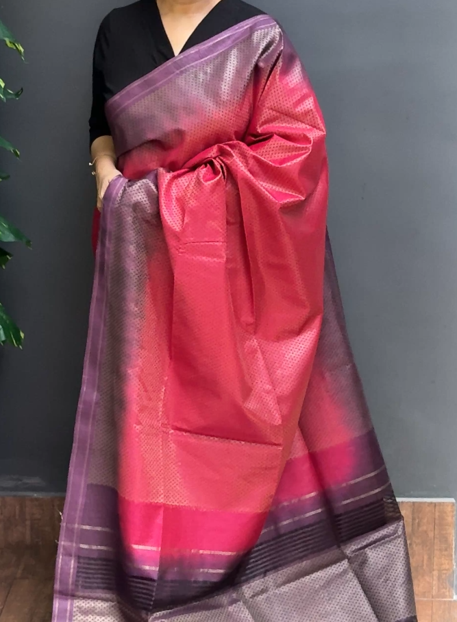 2034SR03 | Fuchsia Majenta With Grape Wine Purple Tissue Blended Tussar Saree W/ Full Body Golden Zari Woven Pattern W/ Border & Pallu