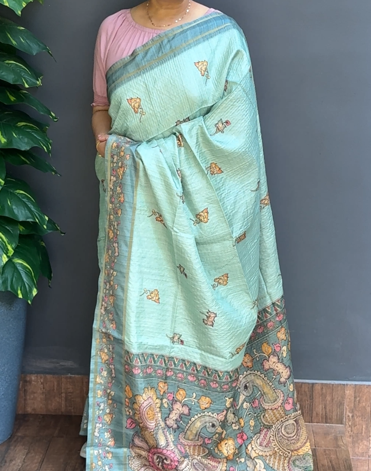 2054SR04 | Aqua Green Soft Semi Silk Saree W/ Full Body Zari Woven Pattern-Floral Design W/ Border & Kalamkari Pallu