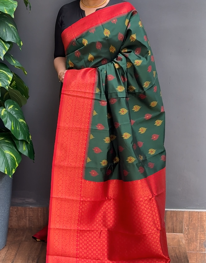 2031SR05 | Forest Green Blended Bottle Green Semi Banarasi Silk Saree W/ Full Body Multicolor Thread Woven Motifs W/ Border & Brocade Pallu