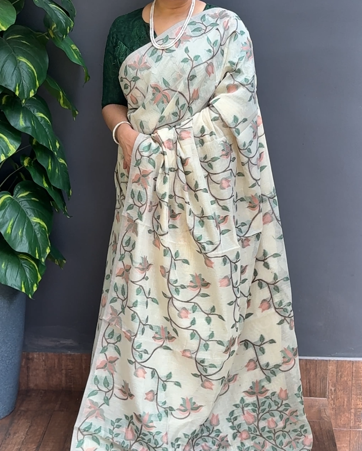 2057SR05 | Pearl Cream Chanderi Saree W/ Full Body Multicolor Jamdhani Thread Woven Design W/ Pallu