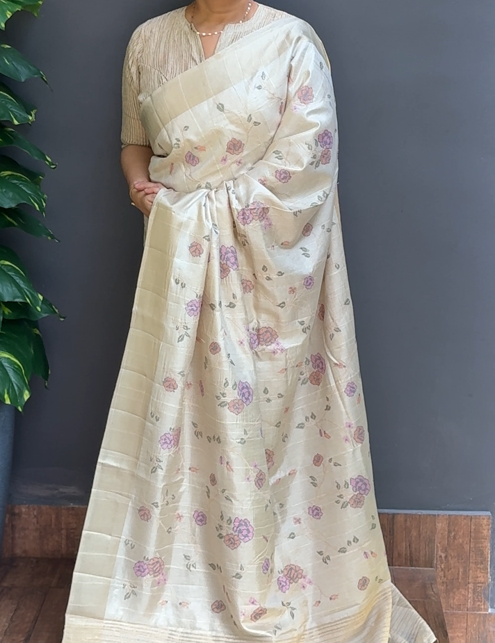 2055SR05 | Pearl Cream Soft Semi Tussar Saree W/ Full Body Cross-Stitch Embroidery Work W/ Border & Pallu