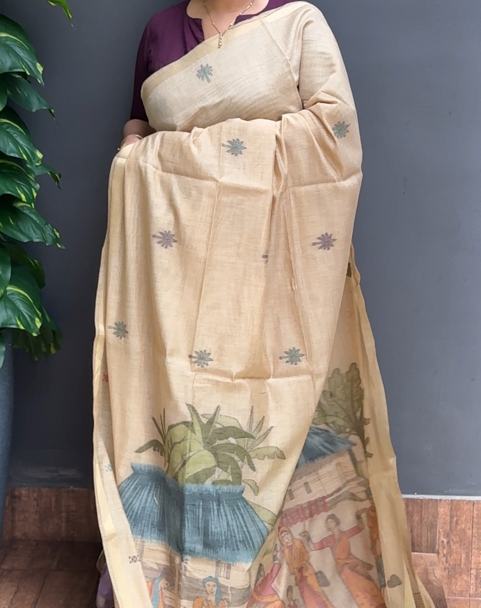 1987SR05 | Chikku Soft Chanderi Saree W/ Full Body Jamdhani Thread Woven Design W/ Border & Pallu