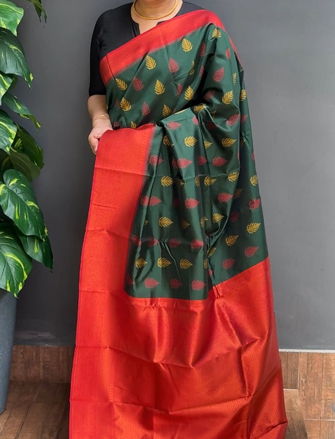 2031SR06 | Forest Green Blended Bottle Green Semi Banarasi Silk Saree W/ Full Body Multicolor Thread Woven Motifs W/ Border & Brocade Pallu