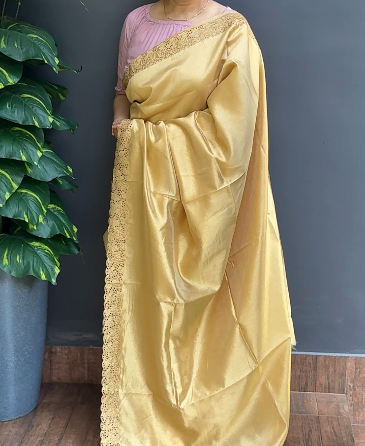 2036SR06 | Beige Blended Chikku Soft Semi Silk Saree W/ Cutwork Border & Pallu
