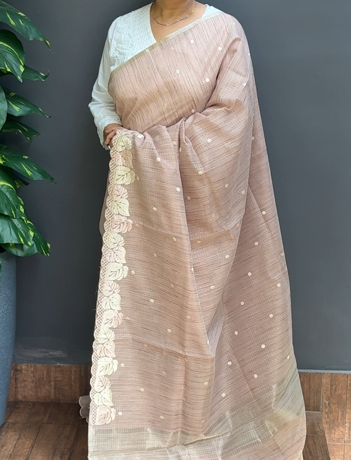 2052SR06 | Tinted Pink Silky Cotta Saree W/ Full Body Embroidery Work W/ Border & Pallu