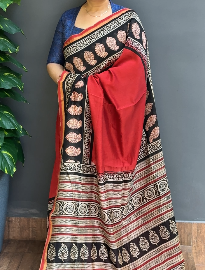 2056SR06 | Terracotta Shade Maheswari Silk Saree W/ Full Body Multicolor Hand-Blocked Printed Design W/ Border & Pallu