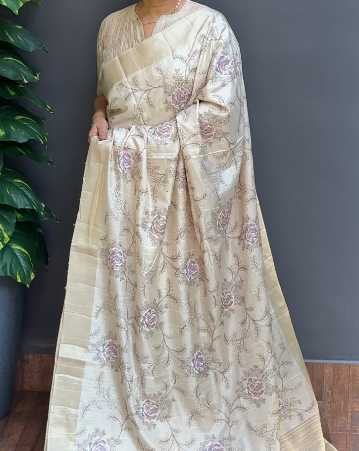 2055SR06 | Pearl Cream Soft Semi Tussar Saree W/ Full Body Embroidery Work W/ Border & Pallu