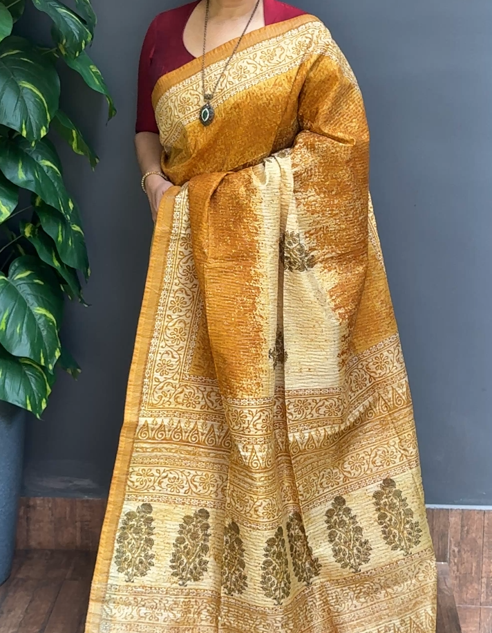2059SR06 | Mustard Yellow Soft Semi Tussar Saree W/ Full Body Vertical Line Pattern-Paisely Design W/ Border & Pallu