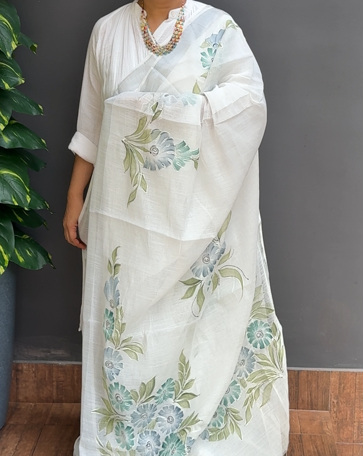 2060SR06 | Off-White Soft Semi Linen Saree W/ Full Body Floral Design-Chain Stitch Work W/ Border & Pallu