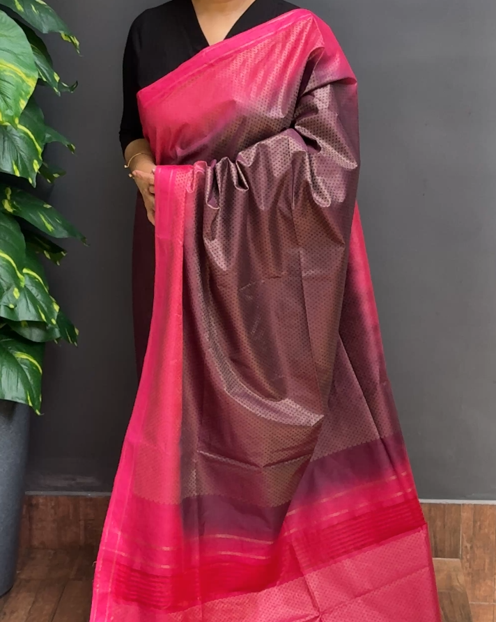 2034SR06 | Burgundy Blended Purple With Dark Pink Tissue Blended Tussar Saree W/ Full Body Golden Zari Woven Pattern W/ Border & Pallu