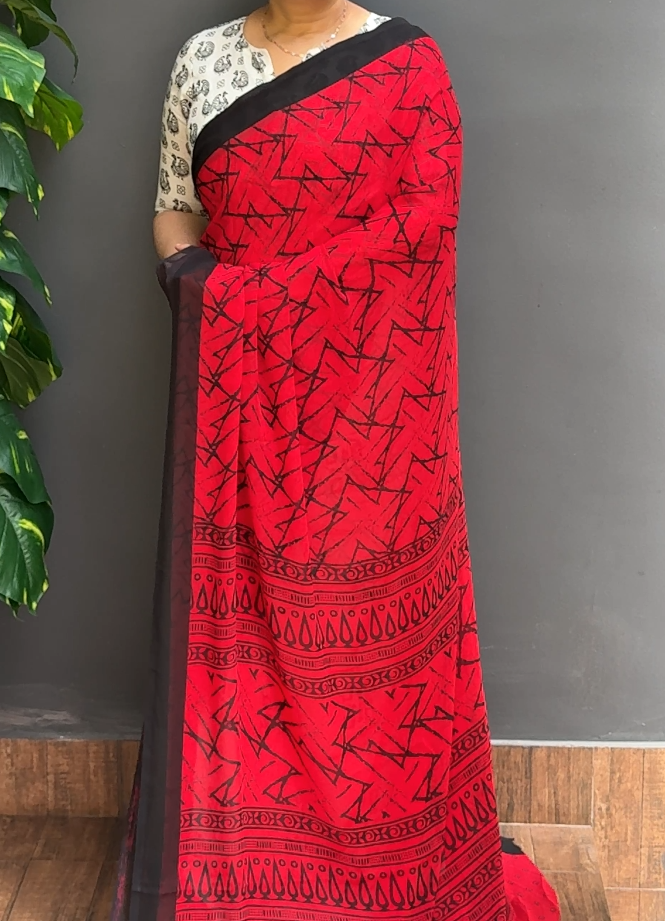 2046SR07 | Red With Black Chiffon Saree W/ Full Body Geometrical Design W/ Border & Pallu