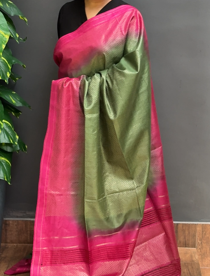 2034SR07 | Green With Purplish Pink Tissue Blended Tussar Saree W/ Full Body Golden Zari Woven Pattern W/ Border & Pallu