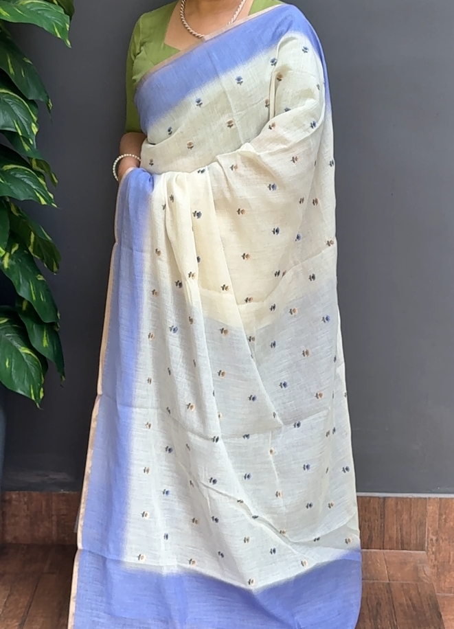 2026SR07 | Pearl Cream With Blue Blended Lavender Linen Blended Cotton Saree W/ Full Body Floral Embroidery Work Motifs W/ Border & Pallu