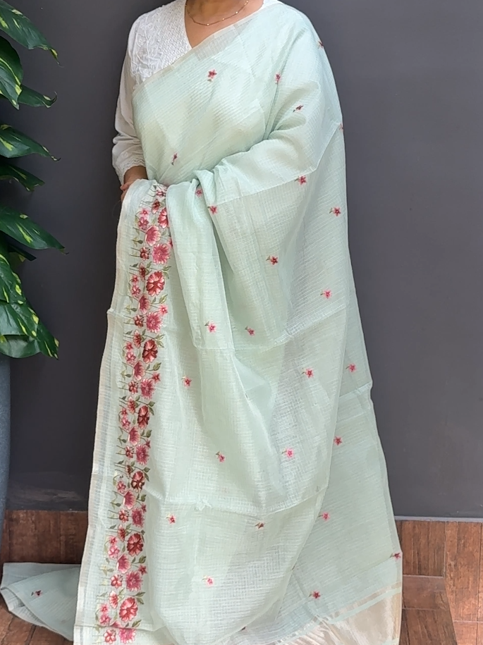 2052SR08 | Aqua Green Silky Cotta Saree W/ Full Body Embroidery Work W/ Border & Pallu