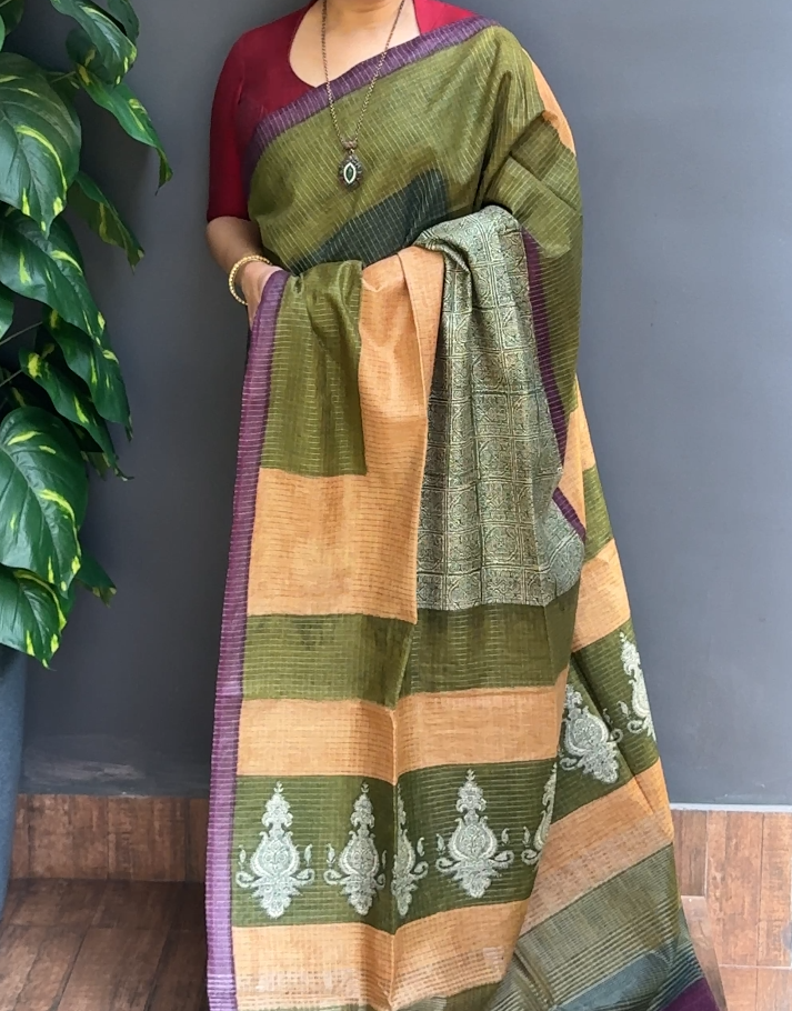 2059SR09 | Multicolor Soft Semi Tussar Saree W/ Full Body Geometrical Abstract Design W/ Border & Pallu