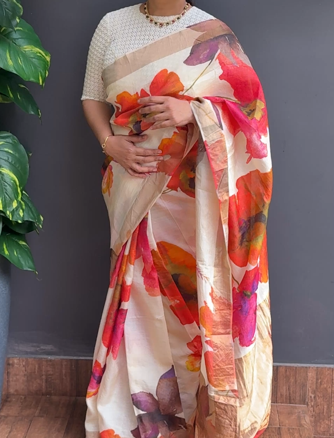 2075SR01 | Pearl Cream Pure Desi Tussar Silk Saree W/ Full Body Multicolor Floral Digital Print W/ Border & Pallu