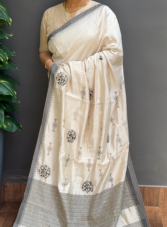 2069SR10 | Pearl Cream With Pencil Grey Soft Semi Tussar Saree W/ Full Body Kantha Work W/ Border & Pallu