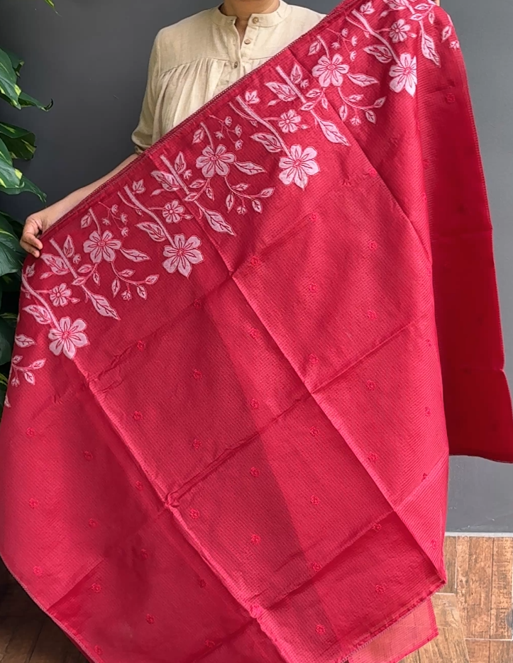 2079SR11 | Maroon Supernet Cotta Saree W/ Full Body Floral Applique Work W/ Crochet Lace Border & Pallu