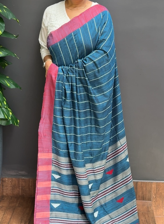 2053SR12 | Blue Khadi Cotton Saree W/ Full Body Vertical Thread Woven Pattern W/ Border & Pallu
