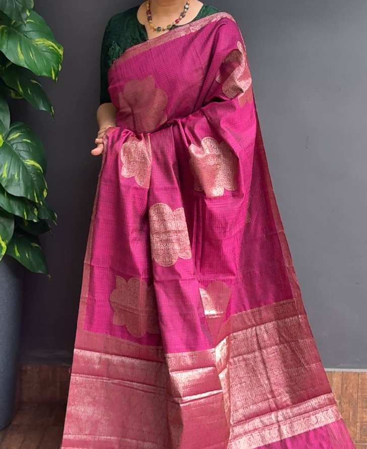 2078SR02 | Persian Rose Chanderi Silk Saree W/ Full Body Zari Woven Motifs W/ Border & Brocade Pallu