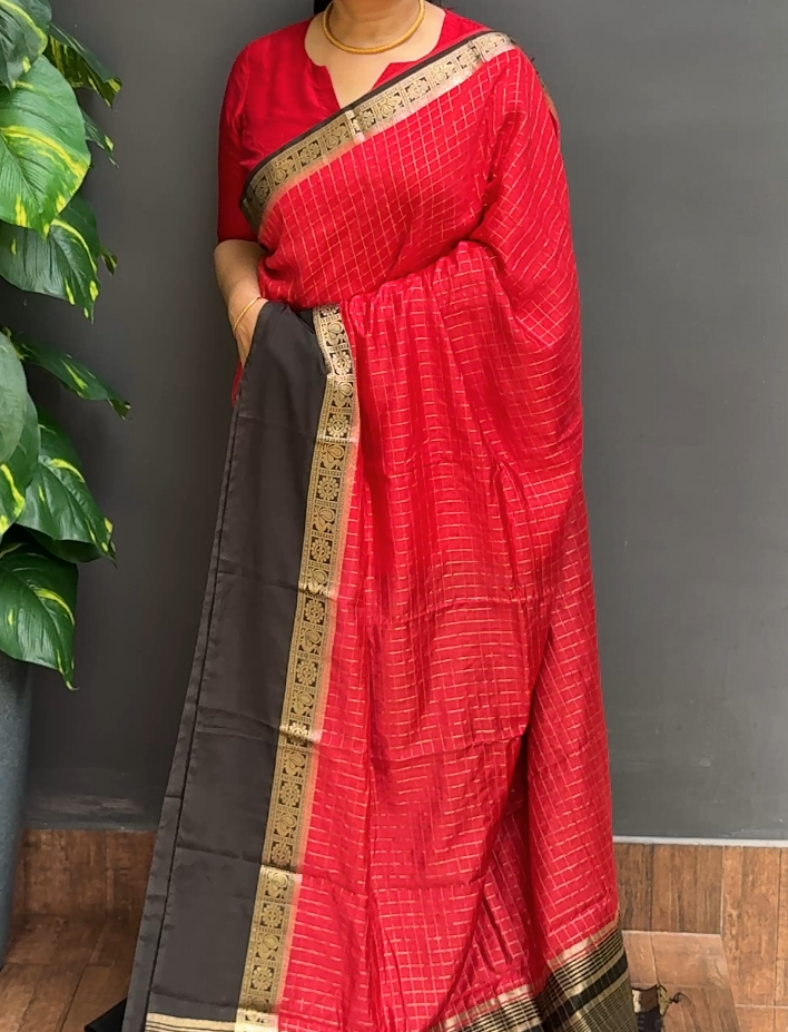 2092SR02 | Bright Chilly Red With Jet Black Soft Semi Banarasi Silk Saree W/ Full Body Zari Woven Checkered Pattern W/ Border & Pallu