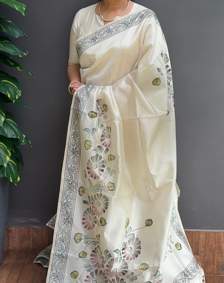 2094SR02 | Pearl Cream Soft Semi Tussar Silk Saree W/ Full Body Floral Design-Chain Stitch Work W/ Border & Pallu