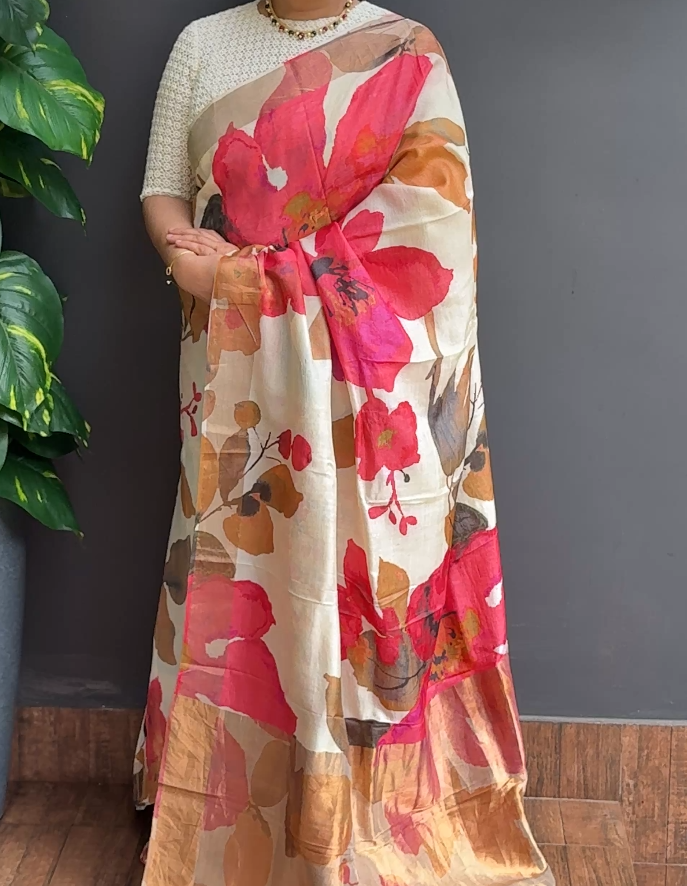 2075SR02 | Pearl Cream Pure Desi Tussar Silk Saree W/ Full Body Multicolor Floral Digital Print W/ Border & Pallu