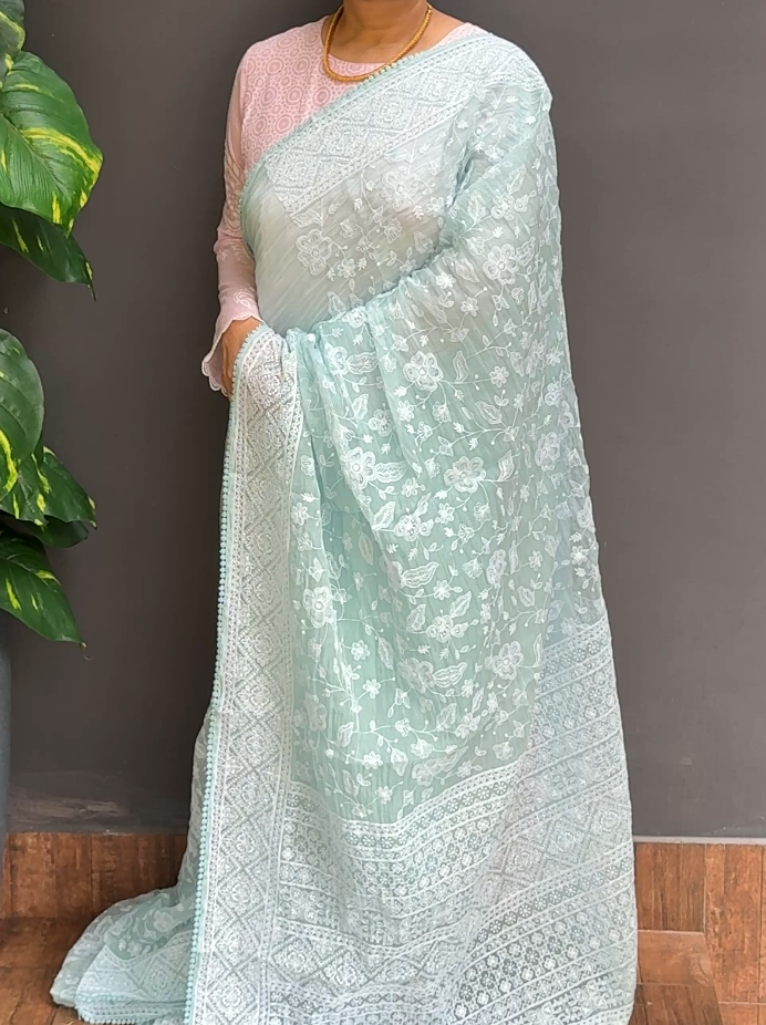2100SR02 | Aqua Green Blended Aqua Blue Crushed Organza Saree W/ Full Body Chikankari Work W/ Border & Pallu