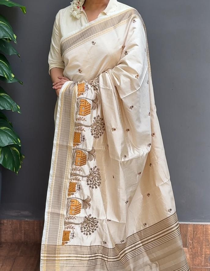 2071SR02 | Pearl Cream Soft Semi Tussar Saree W/ Full Body Embroidery Work W/ Border & Pallu