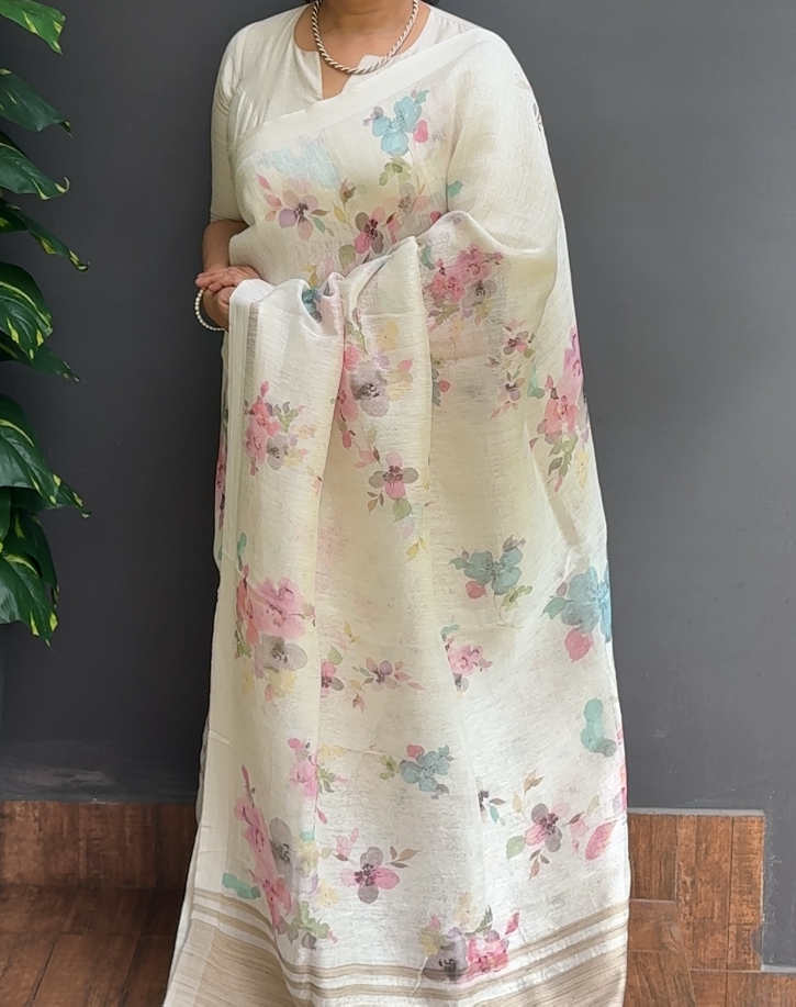 2009SR03 | Pearl Cream Pure Silk Linen Saree W/ Full Body Multicolor Floral Design W/Border & Pallu