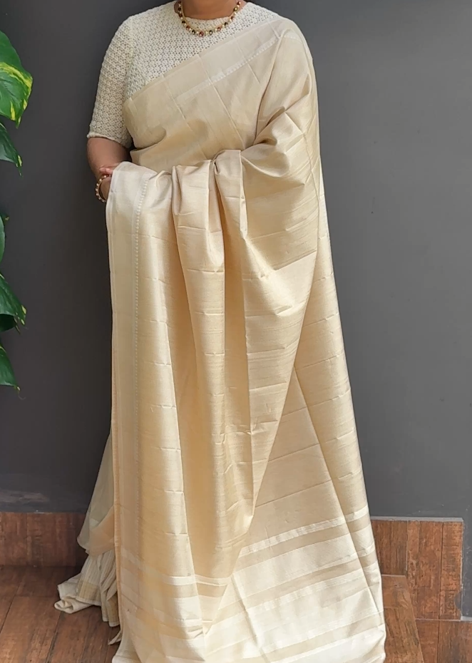 2077SR03 | Pearl Cream Soft Semi Tussar Saree W/ Border & Pallu