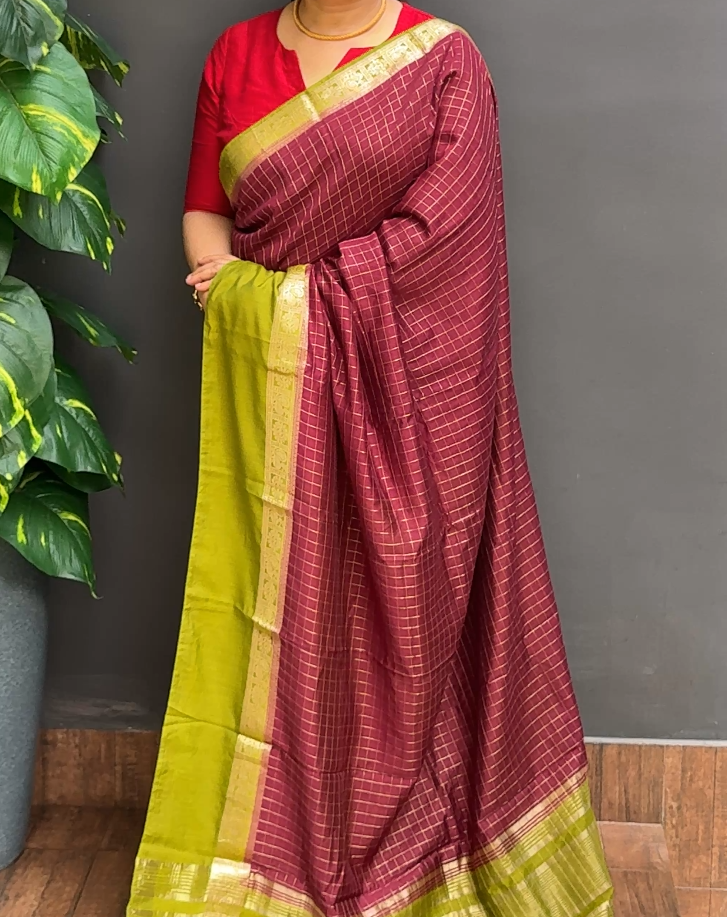 2092SR03 | Purple Blended Burgundy With Parrot Green Soft Semi Banarasi Silk Saree W/ Full Body Zari Woven Checkered Pattern W/ Border & Pallu
