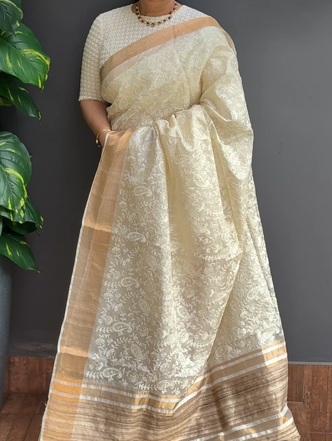 2075SR03 | Pearl Cream Pure Tussar Silk Saree W/ Full Body Thread Embroidery Work W/ Border & Pallu