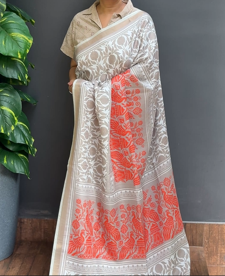 2109SR03 | Chikku Blended Beige With Off-White Soft Semi Silk Saree W/ Full Body Floral Pattern W/ Border & Pallu