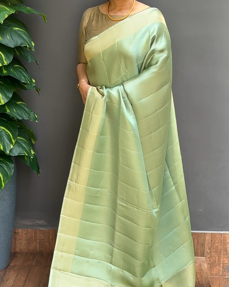 2089SR04 | Aqua Green Soft Tissue Saree W/ Antique Golden Zari Border & Pallu