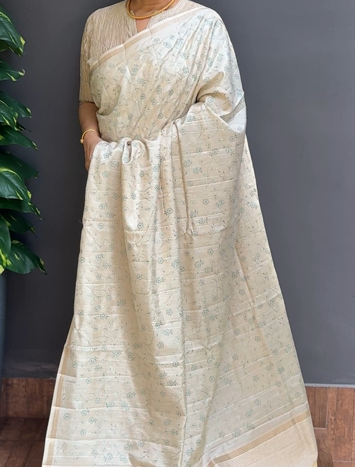 2068SR04 | Pearl Cream Soft Semi Tussar Saree W/ Full Body Embroidery Work W/ Border & Pallu