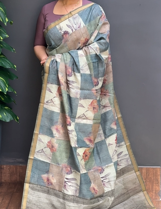 1994SR04 | Multicolor Semi Linen Saree W/ Full Body Geometrical Pattern-Floral Design W/ Border & Pallu
