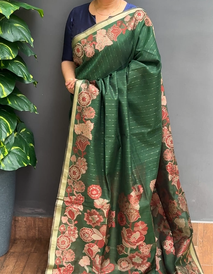 2105SR04 | Bottle Green Soft Chanderi Saree W/ Full Body Thread Woven Pattern W/ Border & Pallu
